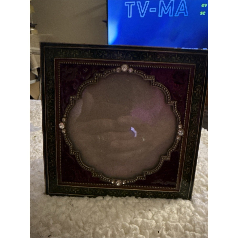 Sunflower Designs 4 x 4  Metal Enamel Burgundy with Jewel Accents EUC Photoframe